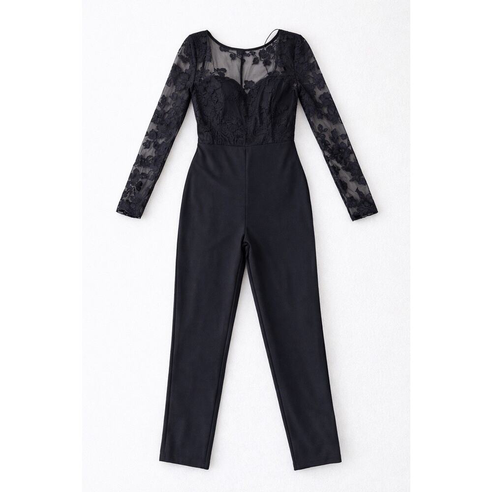 Lulus Black Lace Long‎ Sleeve Jumpsuit Women Size M Elegant Sheer Floral Romper